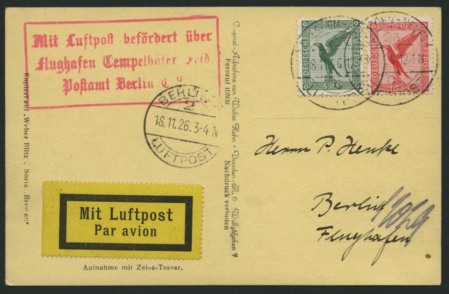 LUFTPOSTBESTÄTIGUNGSSTPL 9-02a BRIEF, BERLIN, Flughafen, R3 In Rot, Ansichtskarte Von DRESDEN-NEUST. Nach Berlin-Flughaf - Airmail & Zeppelin