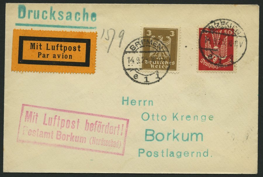 LUFTPOSTBESTÄTIGUNGSSTPL 11-01 BRIEF, BORKUM, Drucksache Von BREMEN Nach Borkum, Prachtbrief - Airmail & Zeppelin