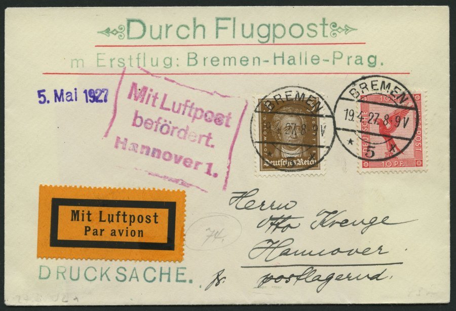 LUFTPOSTBESTÄTIGUNGSSTPL 52-02a BRIEF, HANNOVER, R3 In Rot, Auf Erstflug Bremen-Halle-Prag, Drucksache, Pracht - Luft- Und Zeppelinpost