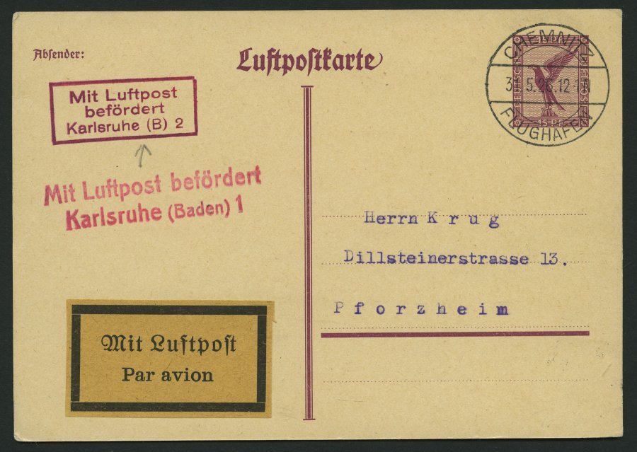 LUFTPOSTBESTÄTIGUNGSSTPL 59-01/02 BRIEF, KARLSRUHE, R3 (B) 2 Und L2 (Baden 1), Luftpostkarte Von CHEMNITZ Nach Pforzheim - Airmail & Zeppelin