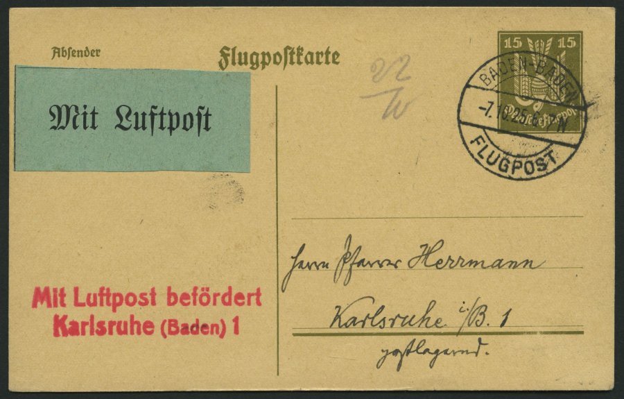 LUFTPOSTBESTÄTIGUNGSSTPL 59-02a BRIEF, KARLSRUHE 1, L2 In Rot, Flugpostkarte Von BADEN-BADEN Nach Karlsruhe, Pracht - Airmail & Zeppelin