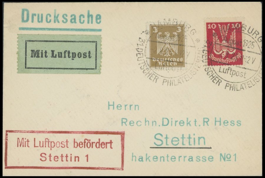 LUFTPOSTBESTÄTIGUNGSSTPL 96-01 BRIEF, STETTIN, R2, Drucksache Von HAMBURG Nach Stettin, Prachtbrief - Airmail & Zeppelin