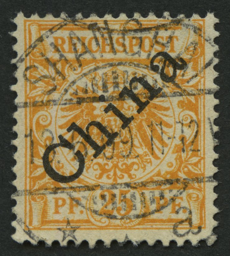DP CHINA 5Ia O, 1898, 25 Pf. Gelblichorange Diagonaler Aufdruck, Zentrischer Schweizer Stempel SHANGHAI A, Kleine Schürf - Deutsche Post In China