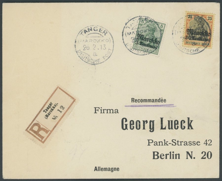 DP IN MAROKKO 35,38 BRIEF, 1913, 5 C. Auf 5 Pf. Und 30 C. Auf 25 Pfg., Mit Wz., Auf Einschreibbrief Aus TANGER, Pracht - Morocco (offices)