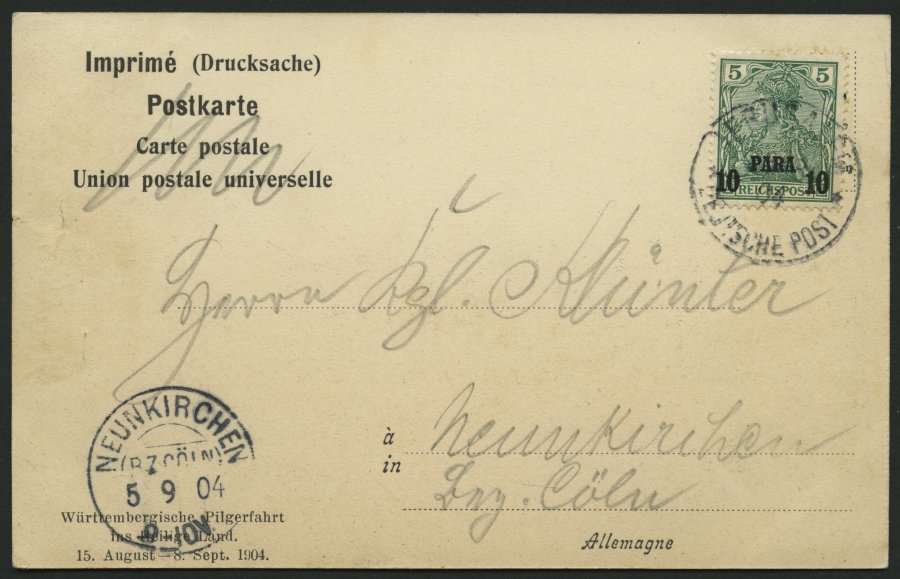 DP TÜRKEI 12II BRIEF, 1904, 10 PA. Auf 5 Pf., Aufdruck Type II, Auf Ansichtskarte Von JERUSALEM Nach Neunkirchen, Pracht - Deutsche Post In Der Türkei