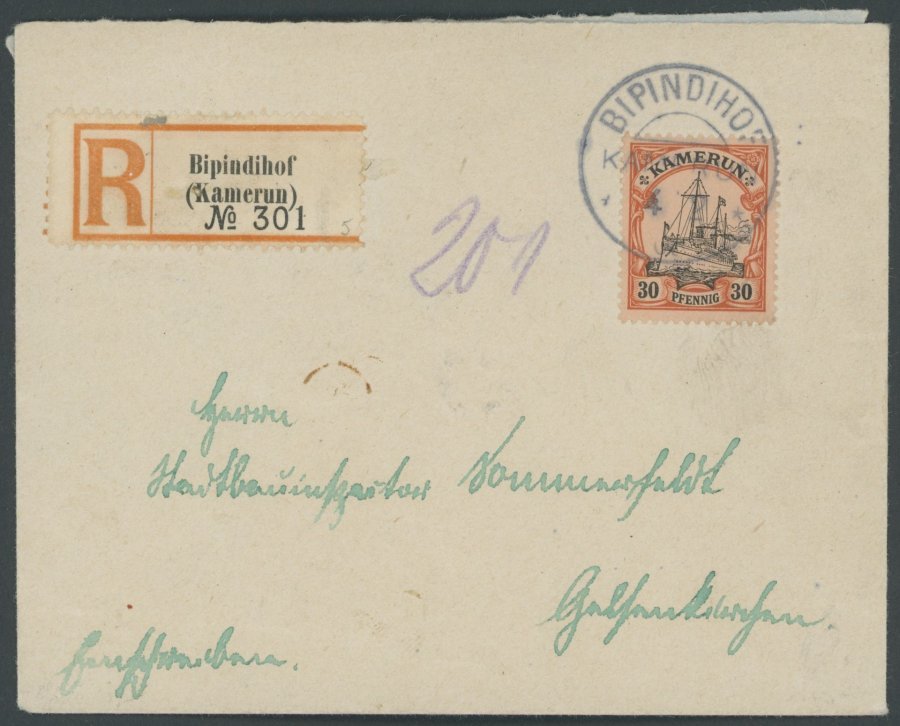 KAMERUN 12 BRIEF, 1908, 30 Pf. Rötlichorange/rotschwarz Auf Mattgelblichorange Auf Einschreibbrief Von BIPINDIHOF Nach G - Kamerun