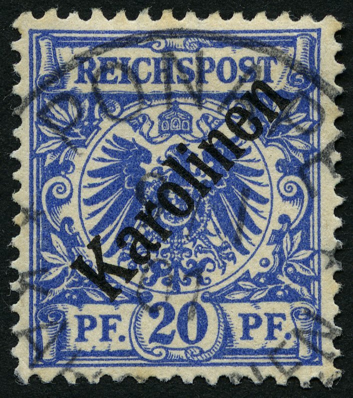 KAROLINEN 4I O, 1899, 20 Pf. Diagonaler Aufdruck, Pracht, Gepr. Steuer, Mi. 160.- - Karolinen