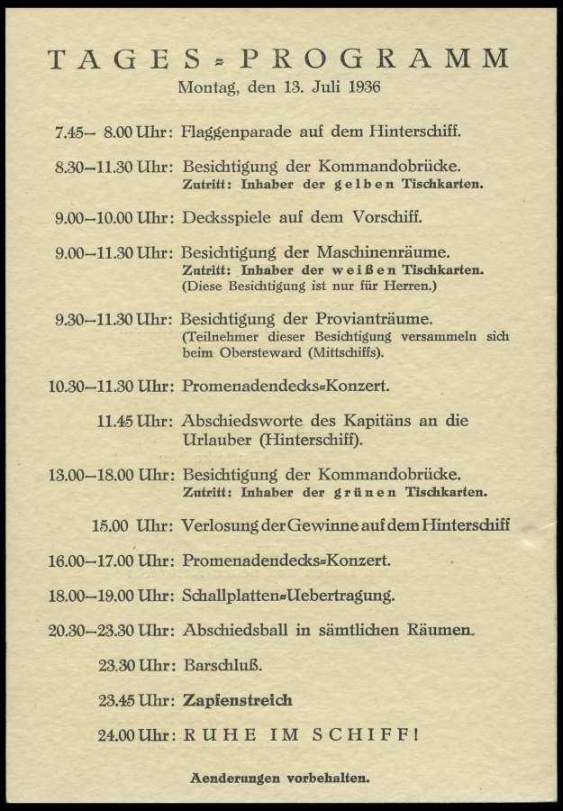 DEUTSCHE SCHIFFSPOST 1938, 5 Verschiedene KDF- Tagesveranstaltungskarten, Inklusive Speisenfolge Von Bord Der SIERRA COR - Maritime