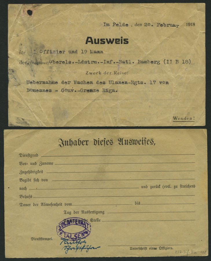 DT. FP IM BALTIKUM 1914/18 1916-18, 4 Interessante Feldpostbelege: U.a. Quartierschein, Fahrausweis Und Entlausungsbesch - Latvia