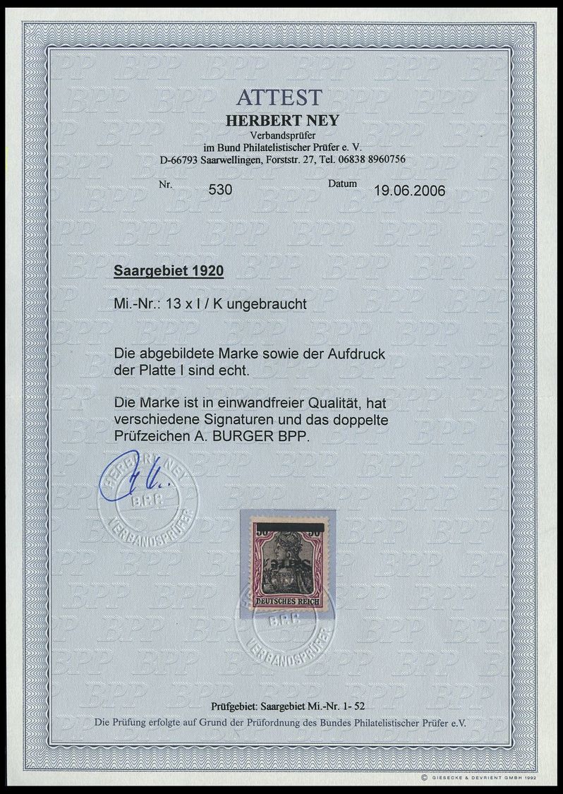 SAARGEBIET 13xaIK *, 1920, 50 Pf. Dunkelbäunlichlila/schwarz Auf Chromgelb, Type I, Kopfstehender Aufdruck, Falzreste, P - Other & Unclassified