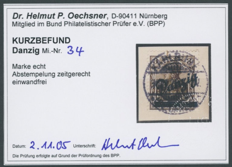 FREIE STADT DANZIG 34 BrfStk, 1920, 3 Pf. Kleiner Innendienst, Zeitgerechte Entwertung, Prachtbriefstück, Kurzbefund Dr. - Sonstige & Ohne Zuordnung