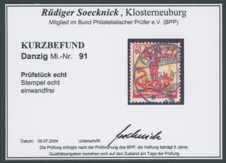 FREIE STADT DANZIG 91 O, 1921, 60 Pf. Tuberkulose-Woche, Zeitgerechte Entwertung, Pracht, Kurzbefund Soecknick, Mi. 140. - Sonstige & Ohne Zuordnung