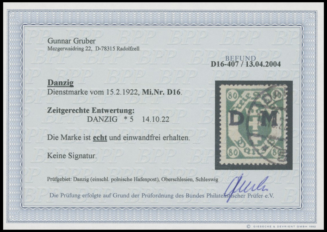DIENSTMARKEN D 16 O, 1922, 80 Pf. Dunkelgrün, Zeitgerechte Entwertung DANZIG 5, Pracht, Fotobefund Gruber, Mi. 300.- - Sonstige & Ohne Zuordnung