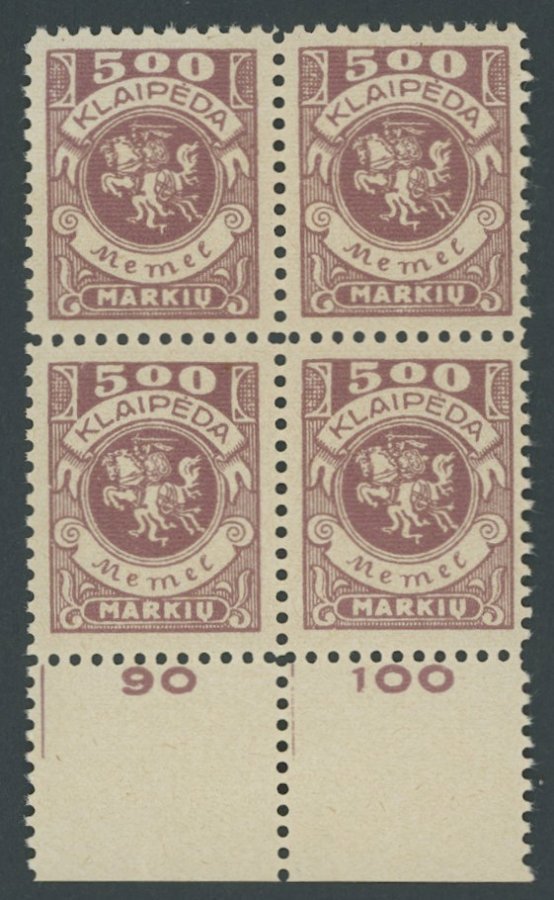 MEMELGEBIET 149 VB **, 1923, 500 M. Graulila Im Unterrandviererblock, Postfrisch, Pracht, Mi. (360.-) - Memelgebiet 1923
