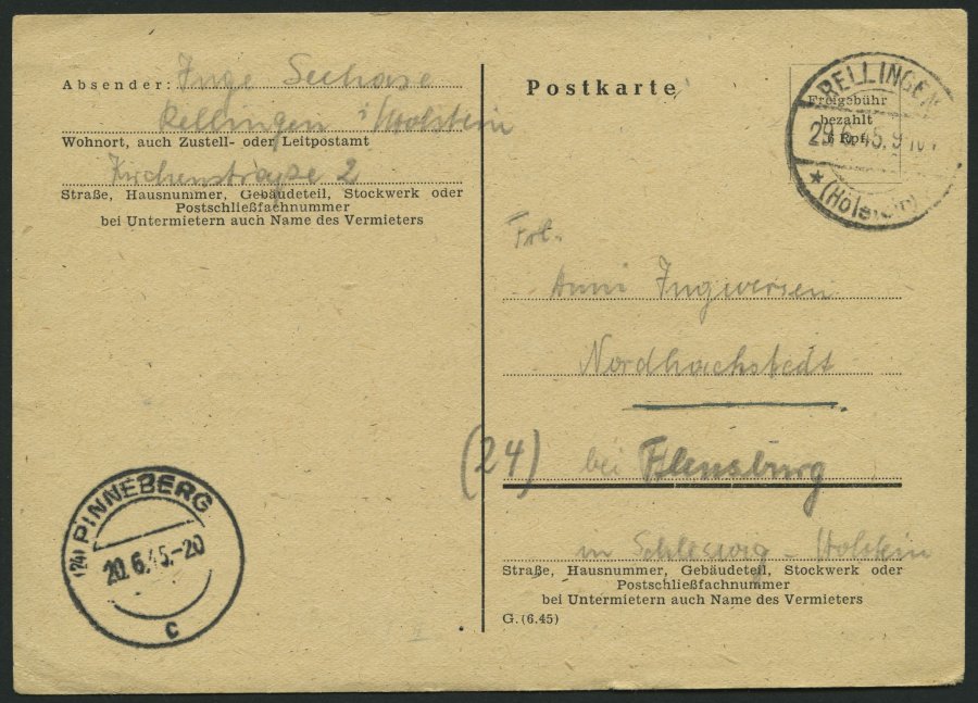 ALL. BES. AUFBRAUCHAUSGABEN P 734II BRIEF, 1945, 6 Pf. Schwarz Auf Rahmfarben, Ohne Verwendungsvermerk, Stempel RELLINGE - Other & Unclassified