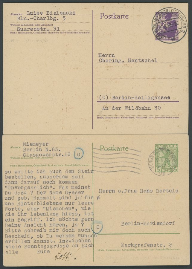 BERLIN UND BRANDENBURG P 1/2 BRIEF, 1945, Berliner Bär, Ohne Postleitzahlkreise, 2 Gebrauchte Prachtkarten - Sonstige & Ohne Zuordnung