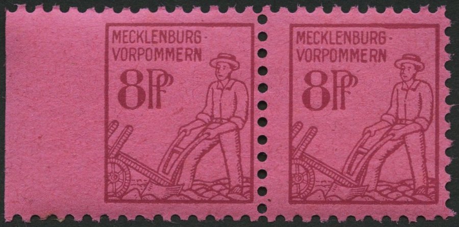 MECKLENBURG-VORPOMMERN 11xaUl **, 1945, 8 Pf. Magenta Auf Lilarosa, Links Ungezähnt, Im Waagerechten Paar Mit Normaler M - Sonstige & Ohne Zuordnung