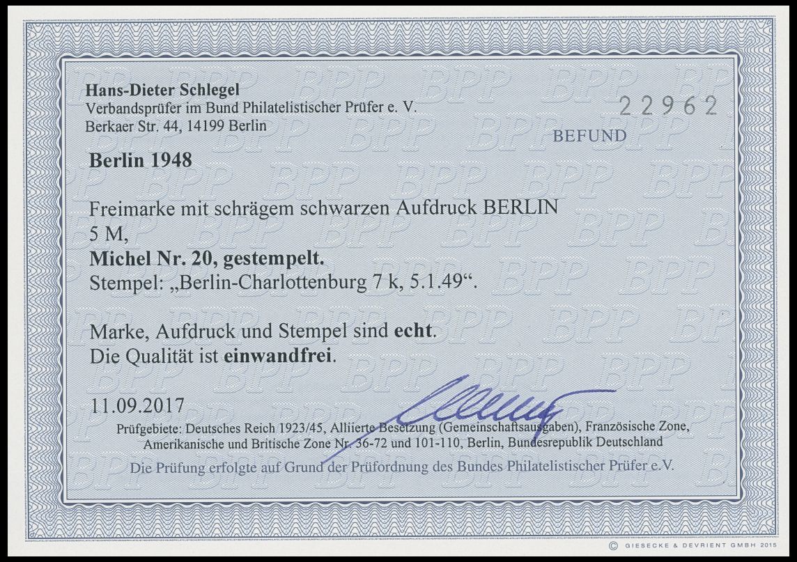 BERLIN 20 O, 1948, 5 M. Schwarzaufdruck, Pracht, Fotobefund H.D. Schlegel, Mi. (750.-) - Sonstige & Ohne Zuordnung