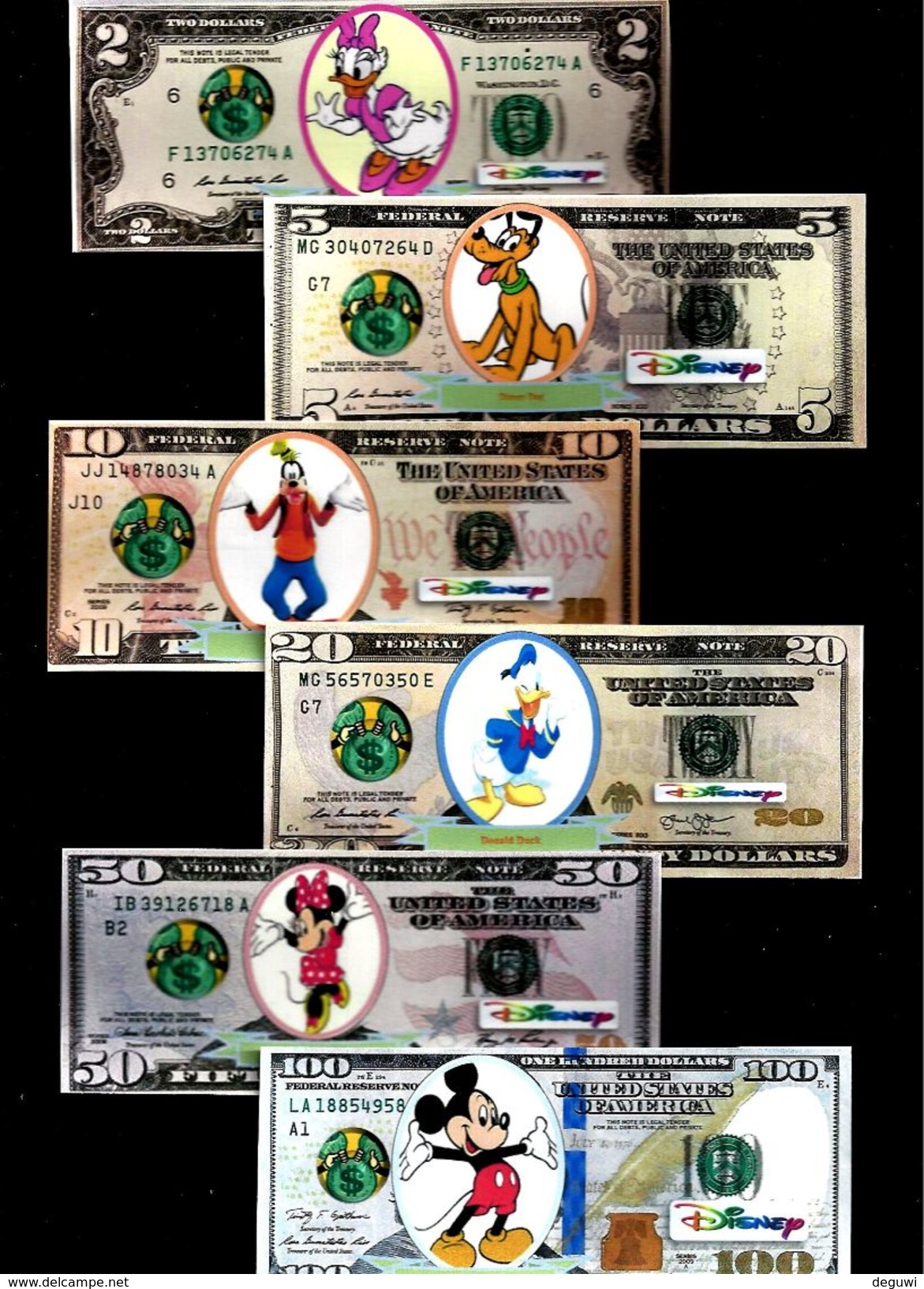 Dollar-Noten DISNEY 2, 5, 10, 20, 50 + 100 $, Play Money, Paper, 138 X 58 Mm, RRR, UNC - Sonstige – Amerika