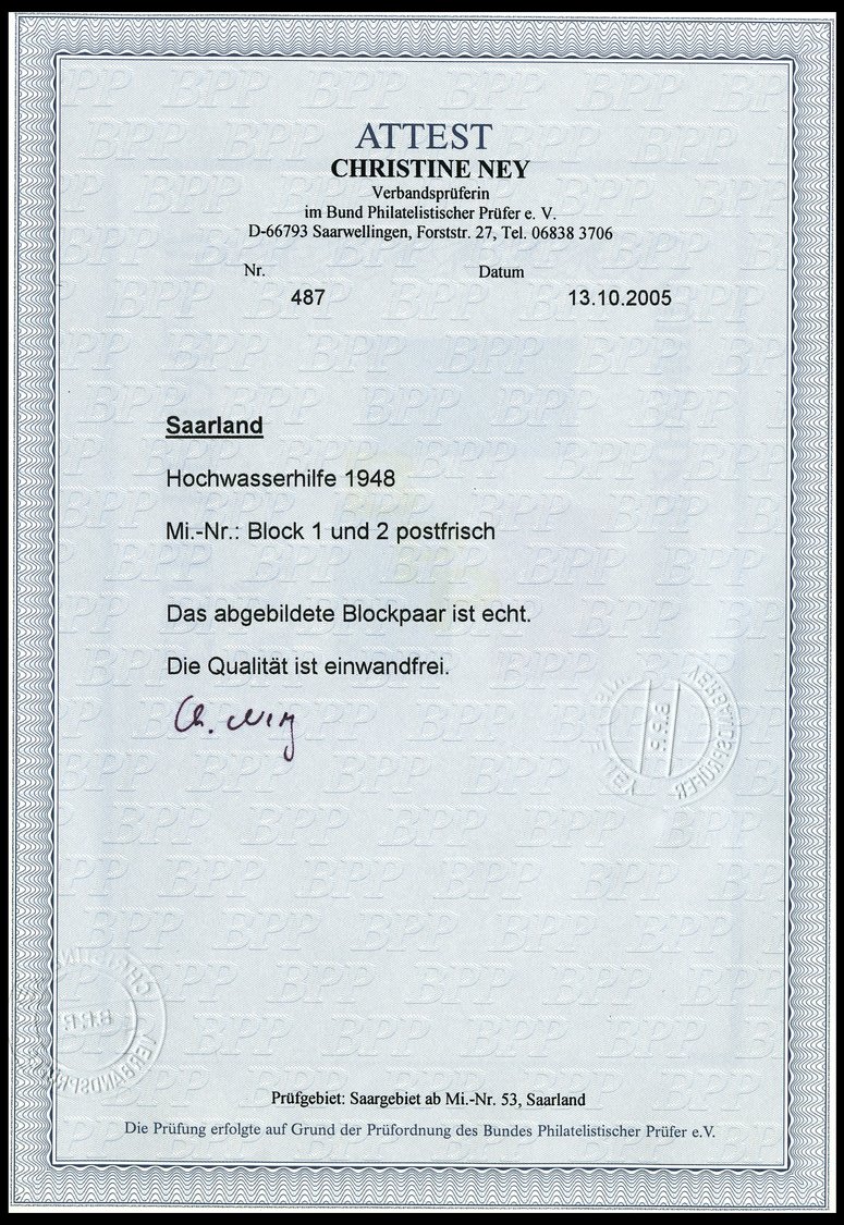 SAARLAND Bl. 1/2 **, 1948, Blockpaar Hochwasserhilfe, Pracht, Fotoattest Chritine Ney, Mi. 1600.- - Other & Unclassified