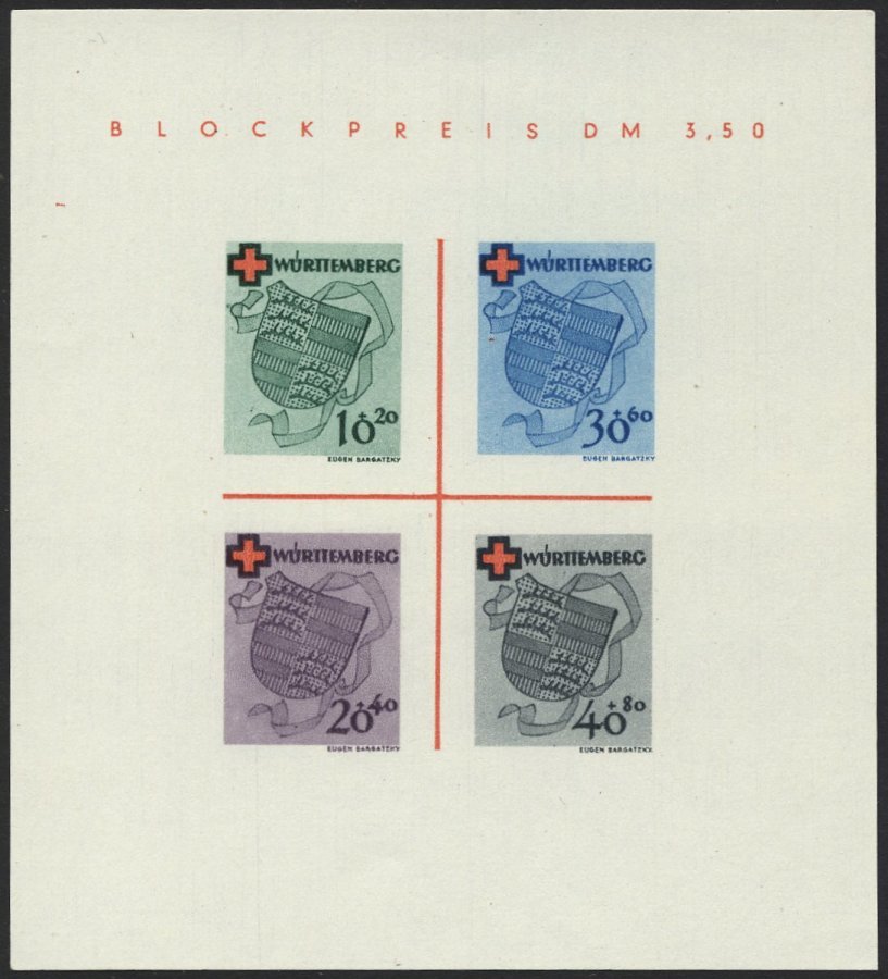 WÜRTTEMBERG Bl. 1I/I (*), 1949, Block Rotes Kreuz, Tpye I: Roter Querstrich Links Unterhalb In B In Blockpreis, Pracht,  - Other & Unclassified