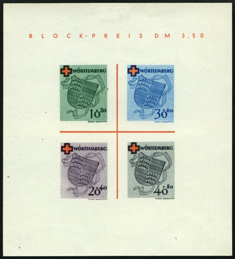 WÜRTTEMBERG Bl. 1I/V (*), 1949, Block Rotes Kreuz, Type IV: Roter Doppelpunkt Unter R In Blockpreis, Falzrest, Pracht, M - Sonstige & Ohne Zuordnung