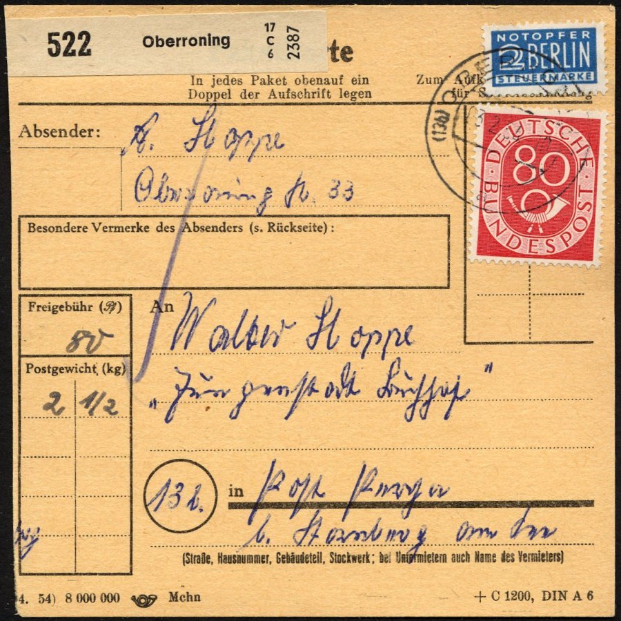 BUNDESREPUBLIK 137 BRIEF, 1954, 80 Pf. Posthorn, Einzelfrankatur Auf Paketkarte Aus OBERRONING, Pracht - Sonstige & Ohne Zuordnung