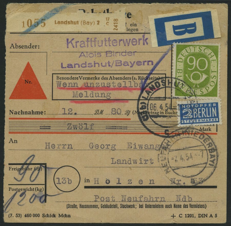 BUNDESREPUBLIK 138 BRIEF, 1954, 90 Pf. Posthorn, Einzelfrankatur Auf Nachnahme-Paketkarte Mit Klebezettel B Aus LANDSHUT - Sonstige & Ohne Zuordnung