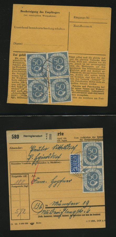 SAMMLUNGEN 1953/4, interessante Sammlung von 40 Paketkarten mit verschiedenen Posthorn-Frankaturen, dabei auch Einzelfra