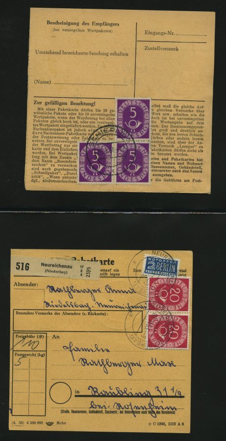 SAMMLUNGEN 1953/4, interessante Sammlung von 40 Paketkarten mit verschiedenen Posthorn-Frankaturen, dabei auch Einzelfra