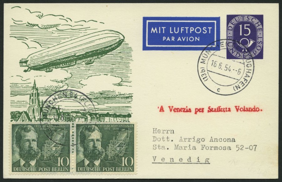 GANZSACHEN PP 4/2 BRIEF, 1952, Privatpostkarte 15 Pf. Posthorn, 40 Jahre Deutsche Luftpost, Mit 20 Pf. Zusatzfrankatur N - Sammlungen