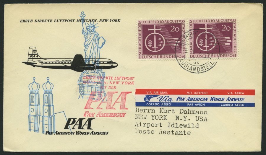 ERST-UND ERÖFFNUNGSFLÜGE 2511 BRIEF, 31.10.55, München-New York, Frankiert Mit 2x Bund Nr. 216 (Mehrfachfrankatur), Prac - Covers & Documents