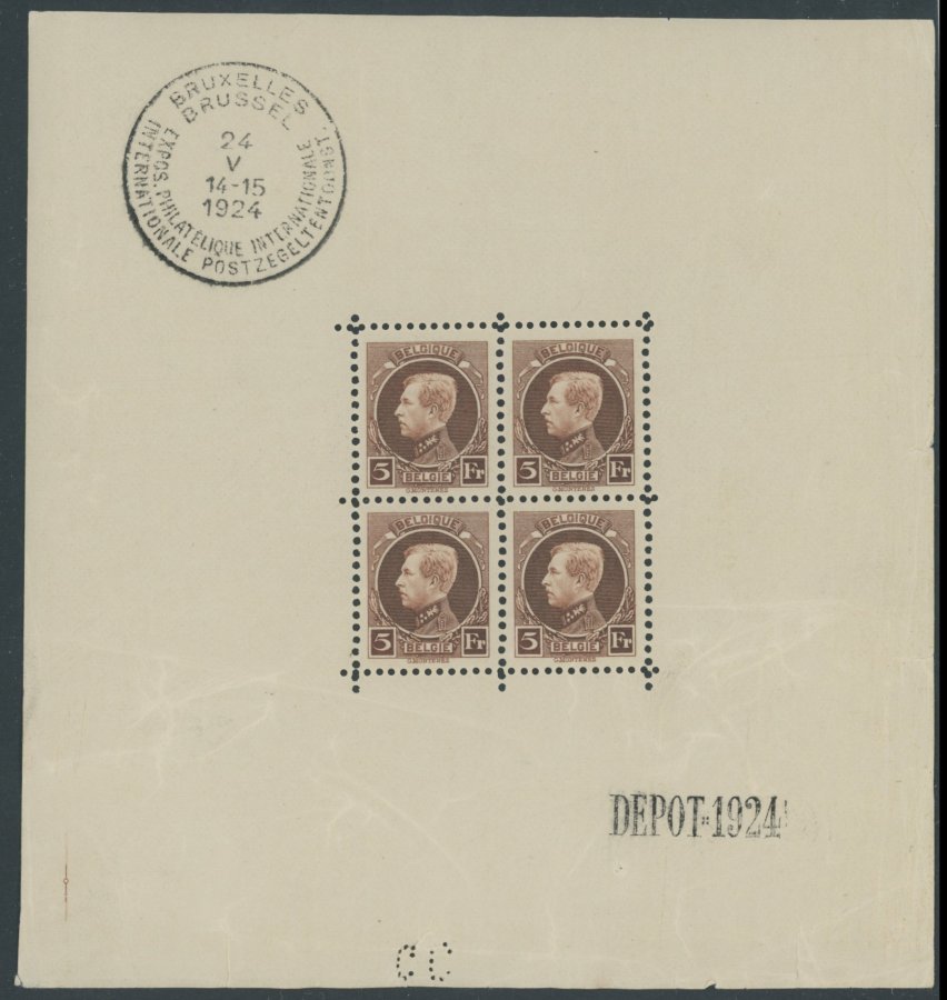 BELGIEN 186KB **, 1924, 5 Fr. Internationale Briefmarkenausstellung Im Kleinbogen (4), Randmängel, Marken Pracht, Mi. 42 - Belgien