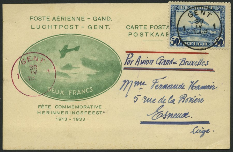 BELGIEN 280 BRIEF, Flugmeeting Sonderflug GENT-BRÜSSEL, 30.4.1933, Prachtkarte, R!, Müller 138a - Belgien