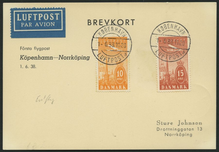 ERSTFLÜGE 1.6.1938, Kopenhagen-Norrköping-Stockholm, Prachtkarte - Other & Unclassified