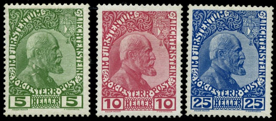 LIECHTENSTEIN 1-3x *, 1912, Fürst Johann II, Gestrichenes Papier, Falzreste, Prachtsatz, Mi. 240.- - Other & Unclassified