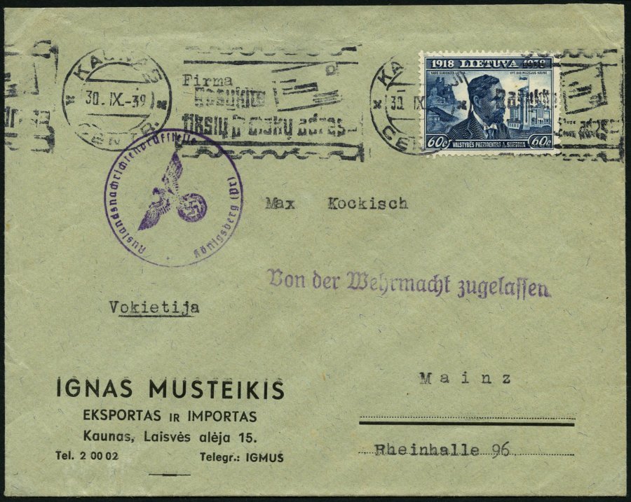 LITAUEN 428 BRIEF, 1939, 60 C. 20 Jahre Republik Auf Brief Von KAUNAS Nach Mainz, Mit Zensurstempel Der Auslandsnachrich - Litauen