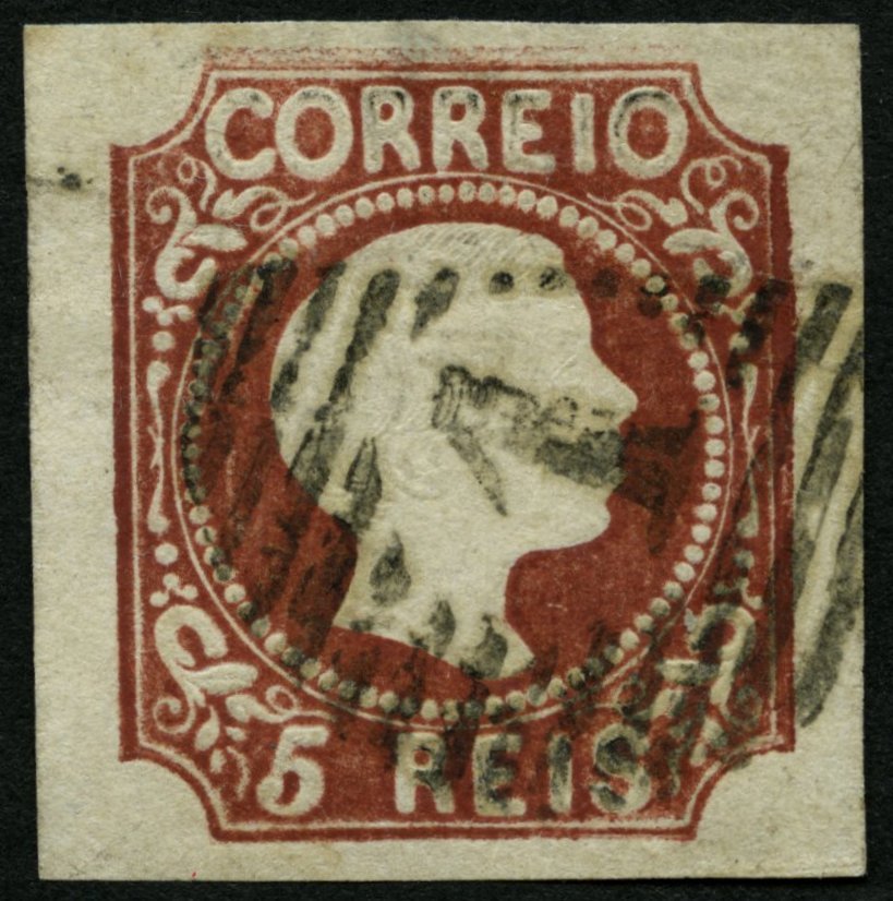 PORTUGAL 5 O, 1855, 5 R. Rotbraun, Glattes Haar, Nummernstempel 1, Falzhelle Punkte Im Oberrand Und Winzige Knitterspur, - Used Stamps