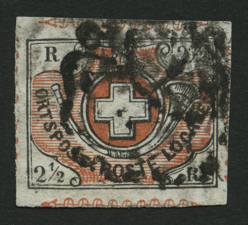 SCHWEIZ BUNDESPOST 4 O, 1850, 21/2 Rp. Schwarz/braunrot, Sog. Winterthur, Mit Kräftig Gestempelter Schwarze Zürcher Rose - 1843-1852 Kantonalmarken Und Bundesmarken