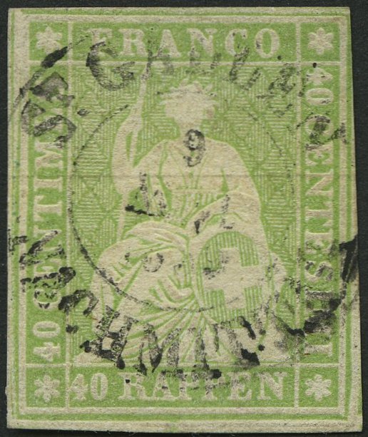 SCHWEIZ BUNDESPOST 17IIAyr O, 1855, 40 Rp. Gelblichgrün, Braunroter Seidenfaden, Berner Druck II, (Zst. 26Cb), K2 ST. GA - 1843-1852 Federal & Cantonal Stamps