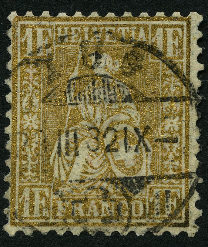 SCHWEIZ BUNDESPOST 44 O, 1881, 1 Fr. Gold, Faserpapier, Zentrischer Stempel ZUG, Fotobefund Marchand: Die Marke Ist Farb - 1843-1852 Federal & Cantonal Stamps