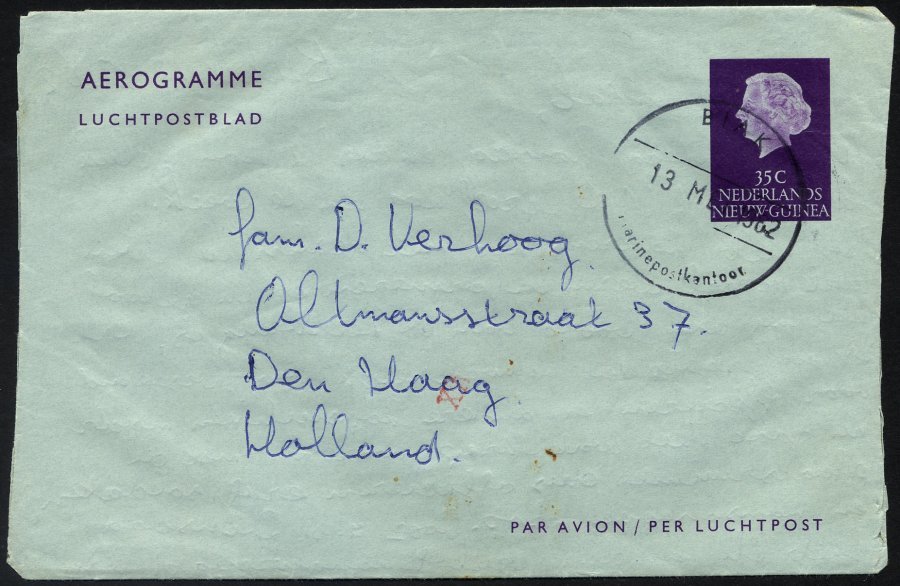 NIEDERLÄNDISCH-NEUGUINEA 1962, 35 C. Violett Ganzsachen-Aerogramm über Das Marine-Postkontor Biak Nach Holland, Feinst - Niederländisch-Neuguinea