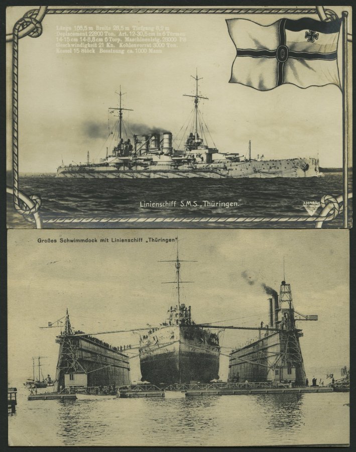 ALTE POSTKARTEN - SCHIFFE KAISERL. MARINE S.M.S. Thüringen, 2 Karten, Eine Gebraucht - Krieg