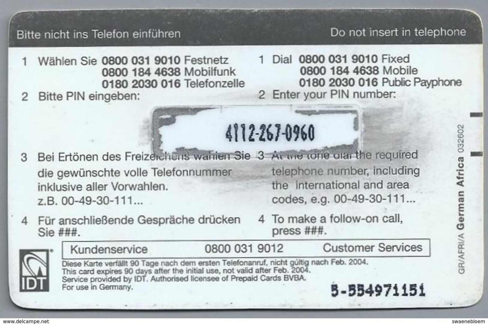 DE.- INTERNATIONAL PHONECARD. AFRICAKARTE.  € 5 / DM 9.78. IDT. 2 Scans. - GSM, Voorafbetaald & Herlaadbare Kaarten