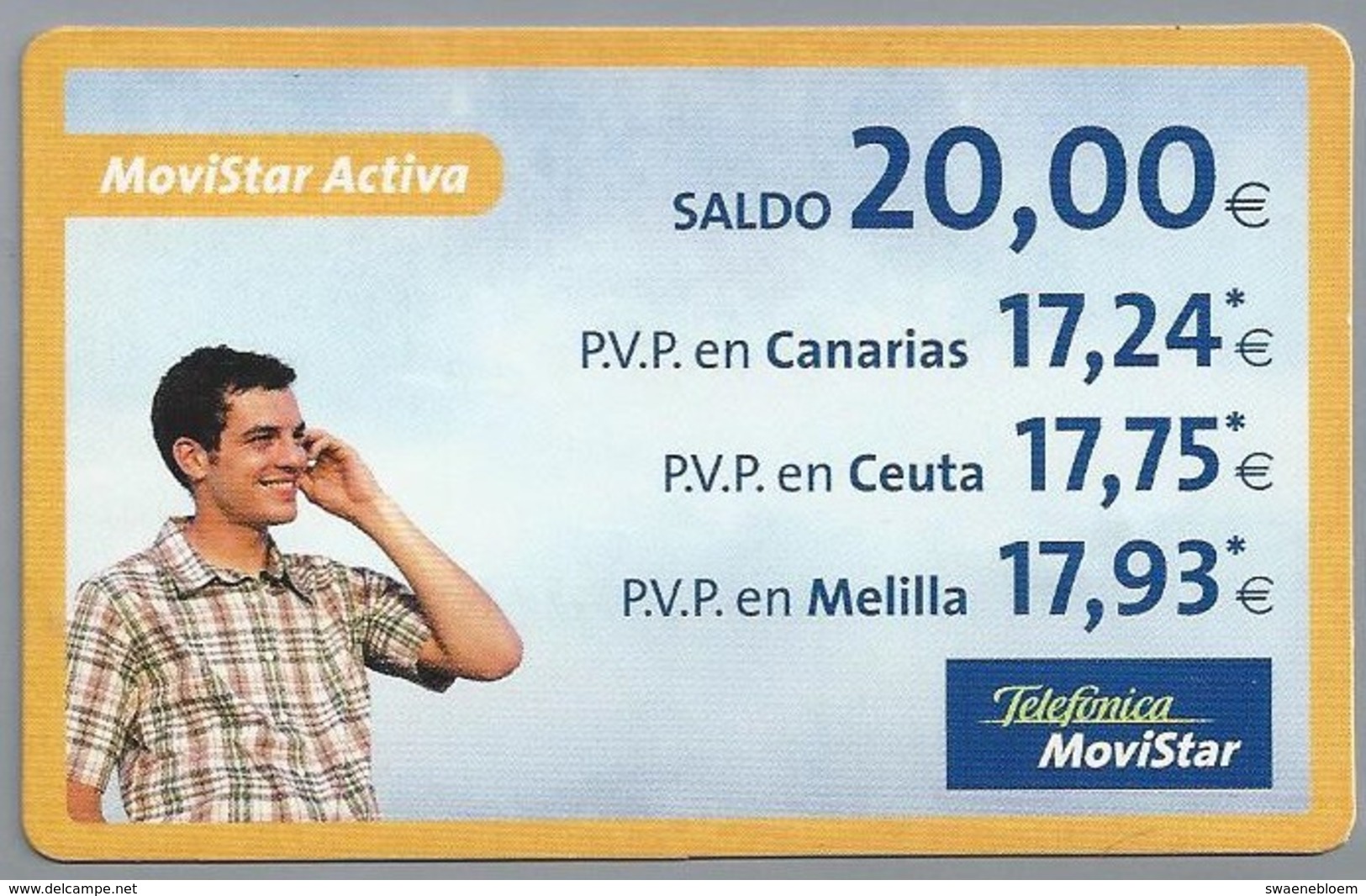 ES.- INTERNATIONAL PHONECARD - Telefonica. MoviStar Activa. Saldo 20,00 €. - 2 Scans. - Andere & Zonder Classificatie