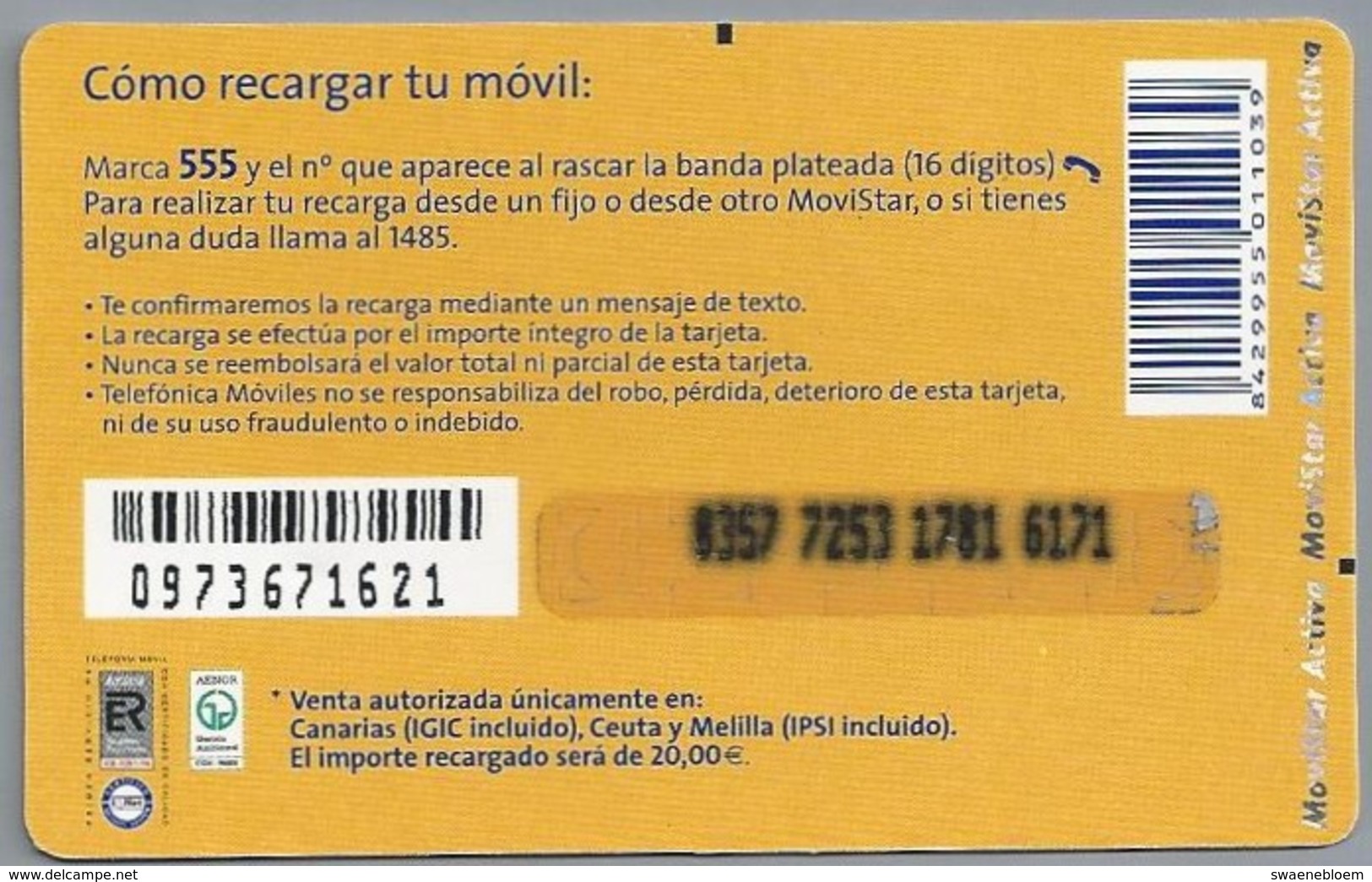 ES.- INTERNATIONAL PHONECARD - Telefonica. MoviStar Activa. Saldo 20,00 €. - 2 Scans. - Andere & Zonder Classificatie