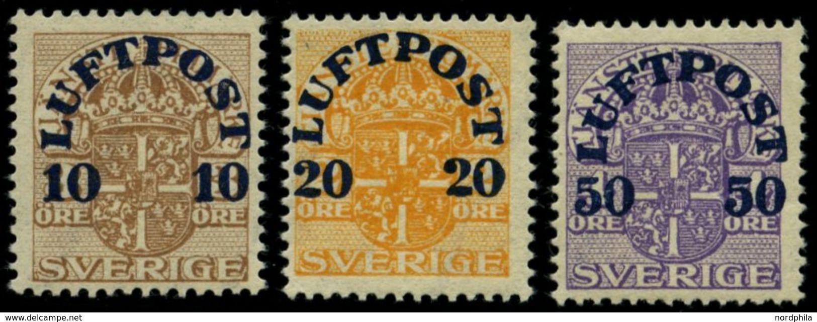 SCHWEDEN 138-40 **, 1920, Flugpostmarken, Nr. 140 Herstellungsbedingter Gummiknitter, Prachtsatz, Mi. 45.- - Gebraucht