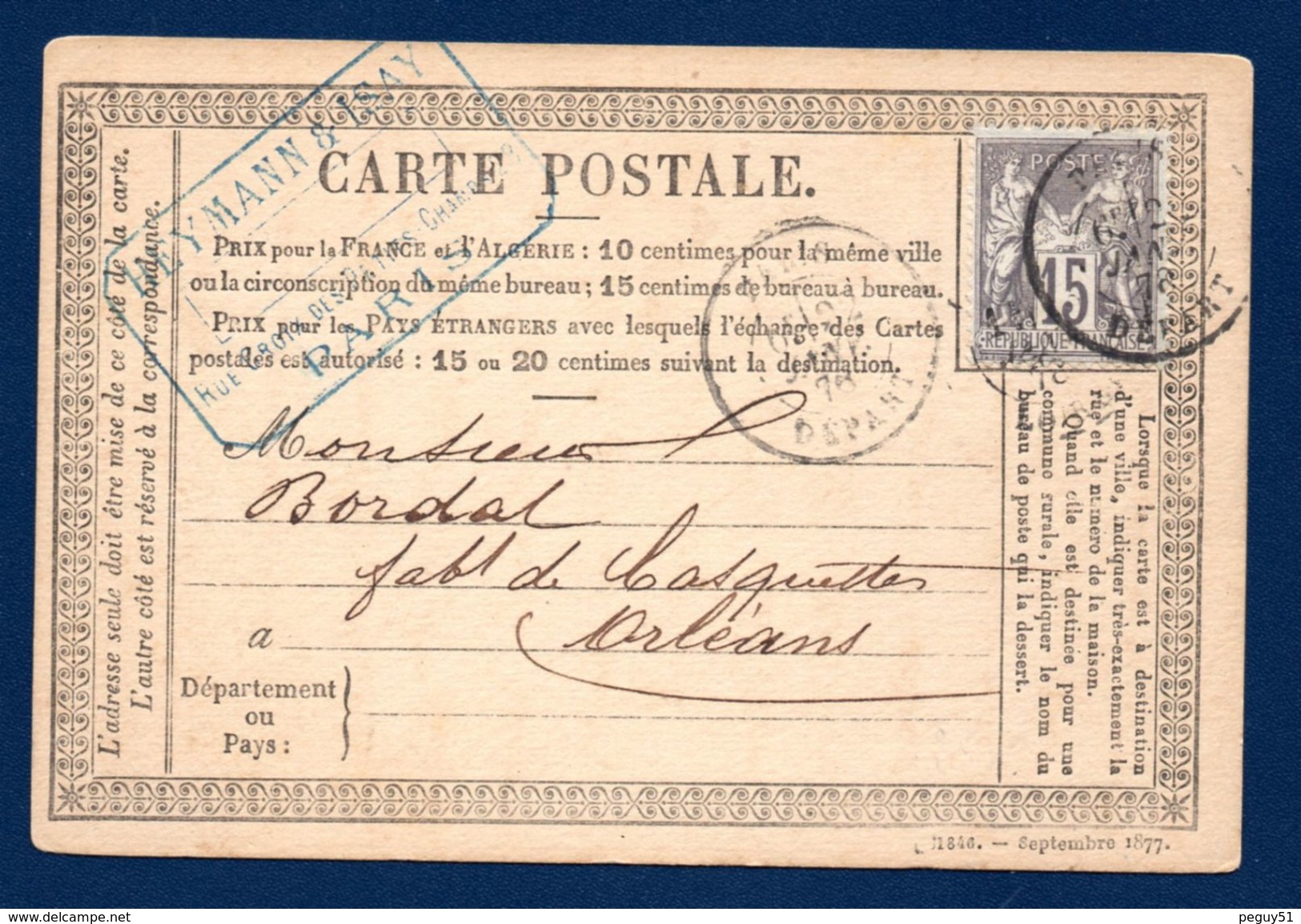 Timbre N.77. Type Sage 15 C Gris Sur Carte Postale Type 1873 N°.33 De Paris à Orléans  Du 22 Janvier  1878 - 1877-1920: Semi-Moderne