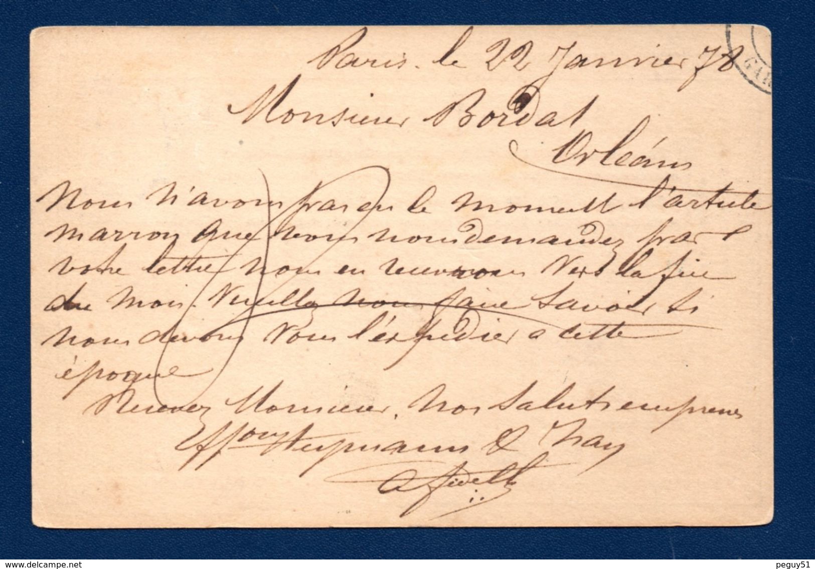 Timbre N.77. Type Sage 15 C Gris Sur Carte Postale Type 1873 N°.33 De Paris à Orléans  Du 22 Janvier  1878 - 1877-1920: Semi-Moderne