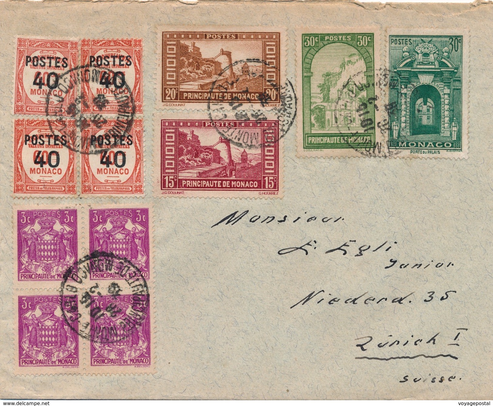 Lettre Monte Carlo Monaco Timbres Recouvrements Pour Zurich - Brieven En Documenten